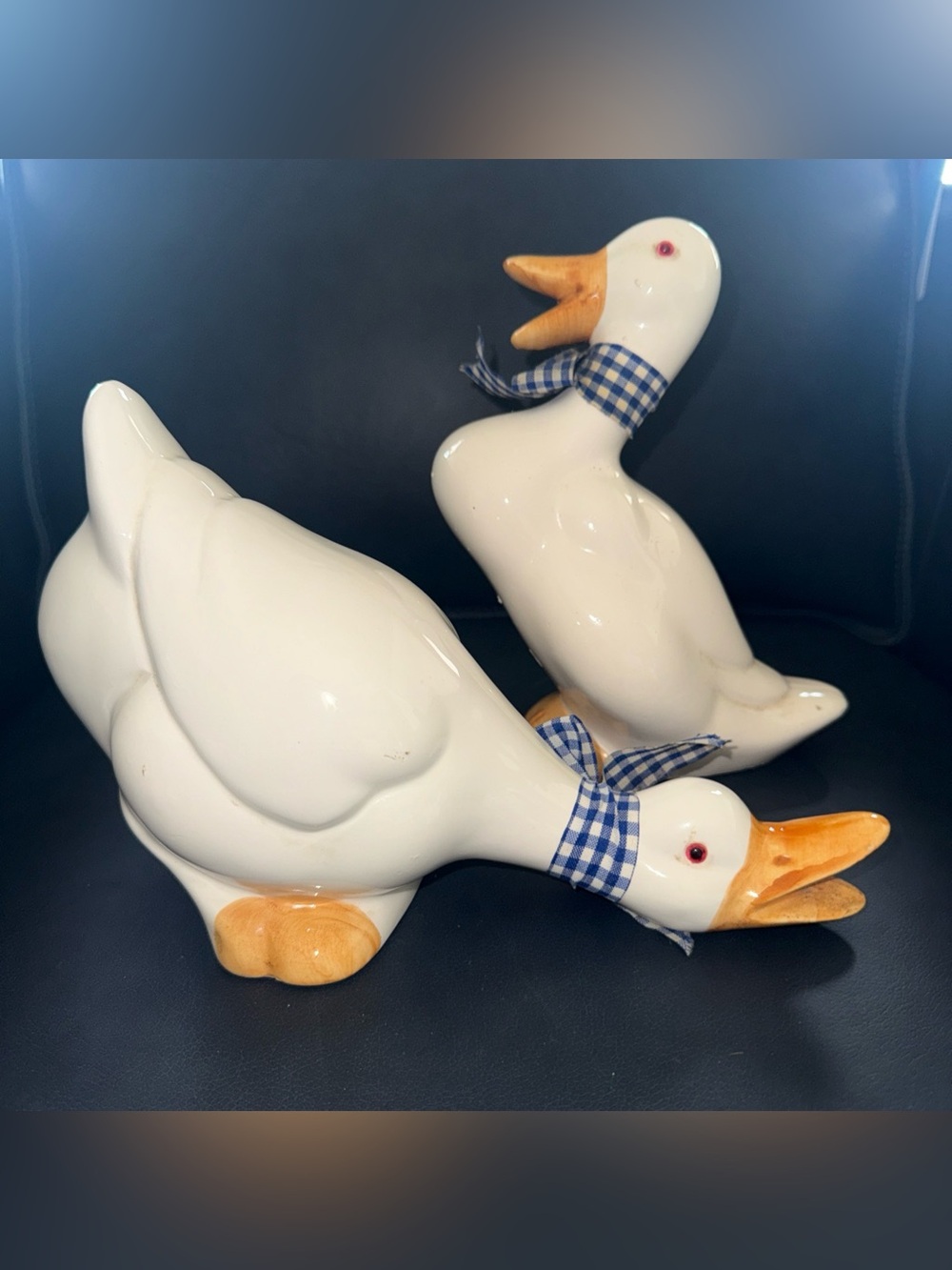 2 Vtg 1980s Ceramic Farmhouse Duck Goose Figurine Blue Bow Cottage Grandma Core